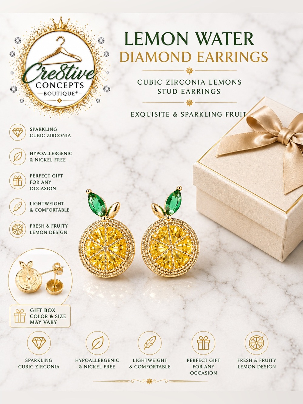 Lemon Water Cubic Zirconia Stud Earrings Hypoallergenic with Gift Box